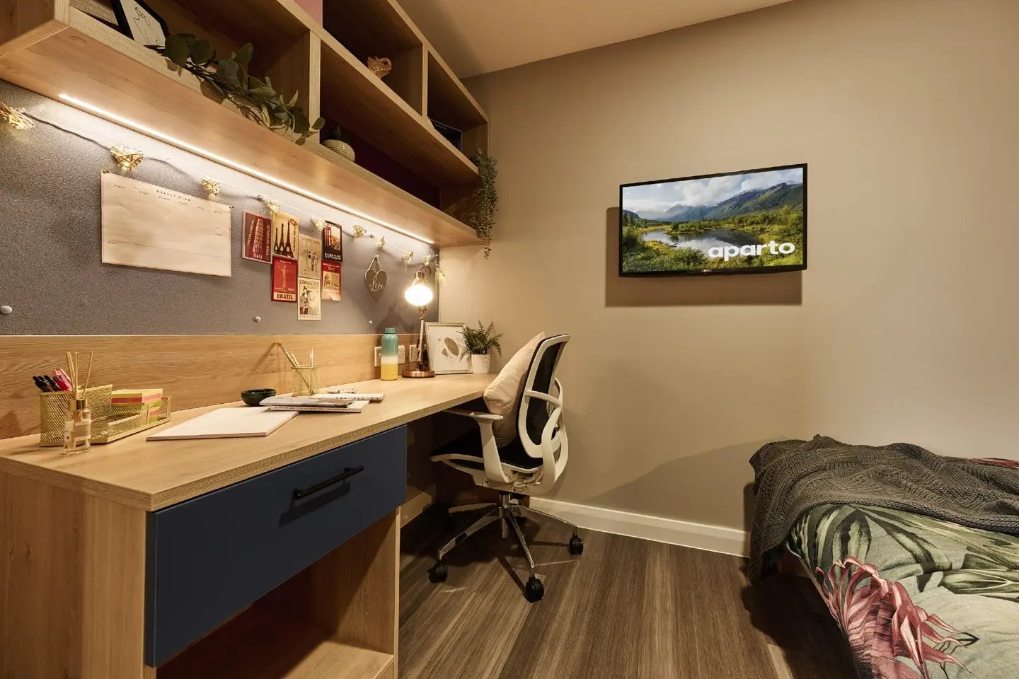 Desk chair bed TV study area bedroom at The Spireworks in Oxford Student Accommodation