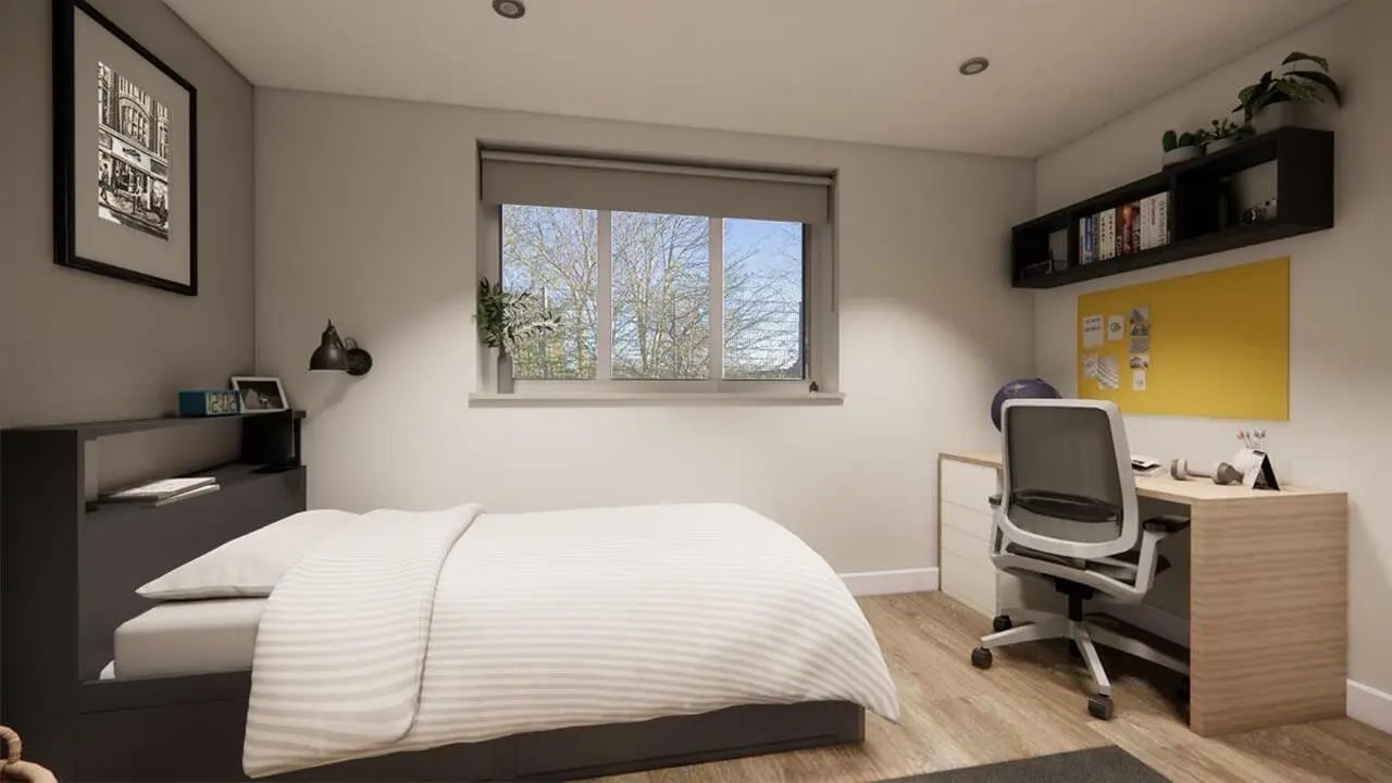 Bed desk chair shelves window artwork bedroom at City Edge - Manchester in Manchester Student Accommodation