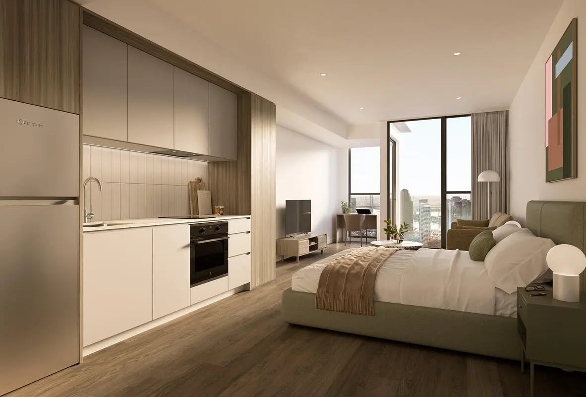 Kitchen bed study area window city view living room at The Archive - Residential Living in Melbourne Student Accommodation