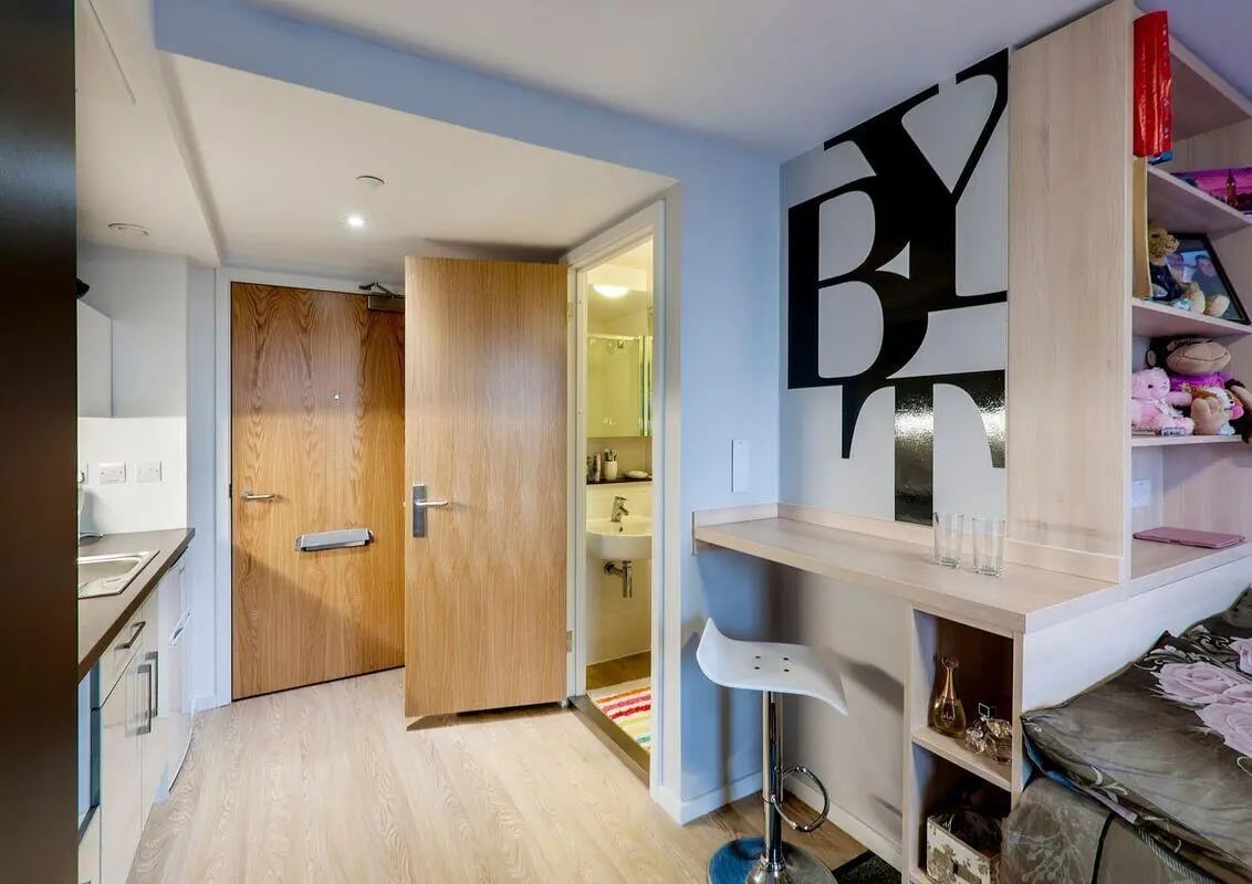 Studio apartment kitchen doors bathroom study area bedroom at The View - Newcastle in Newcastle Upon Tyne Student Accommodation