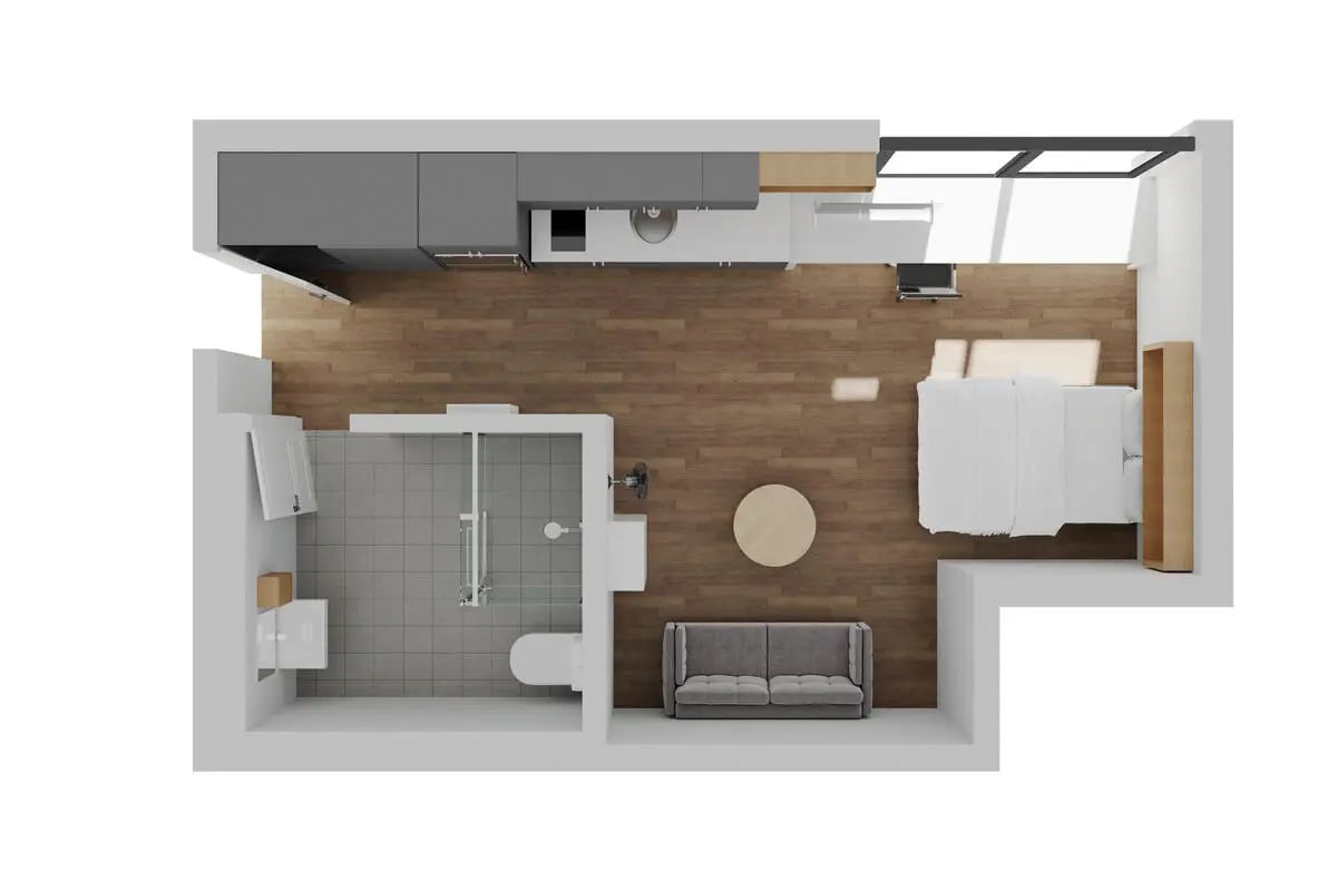 Kitchen bathroom sofa bed and table studio apartment at UniLodge Royal Melbourne in Melbourne Student Accommodation