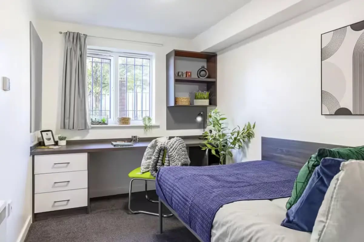 Desk bed shelving window curtains plants bedroom at Paddington Park House in Liverpool Student Accommodation