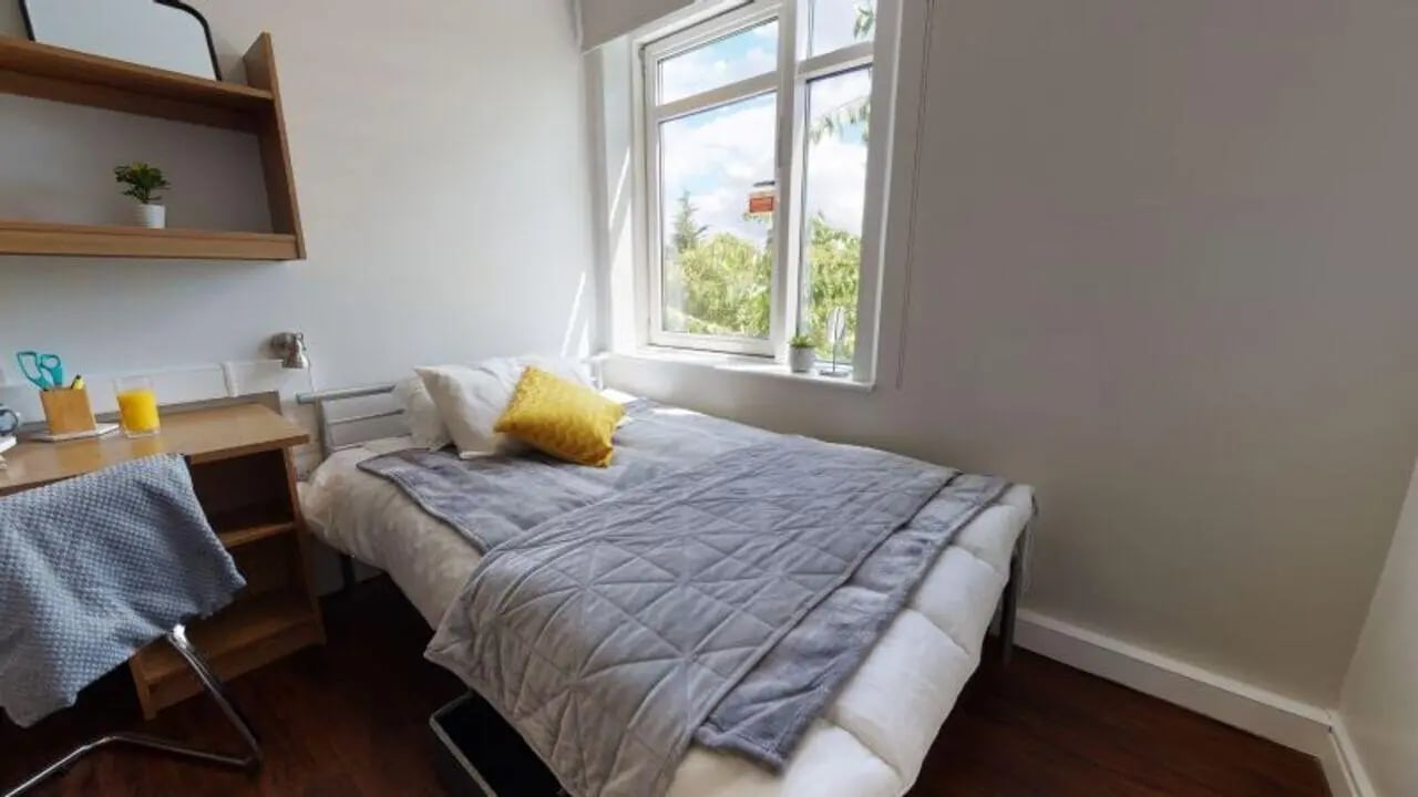 Bed desk and shelf Bedroom at iQ Tufnell House in London Student Accommodation