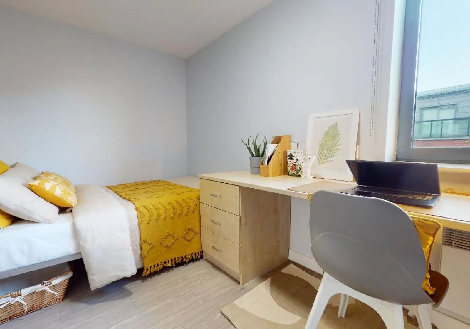 Bed desk laptop chair basket bedroom at iQ Brocco in Sheffield Student Accommodation