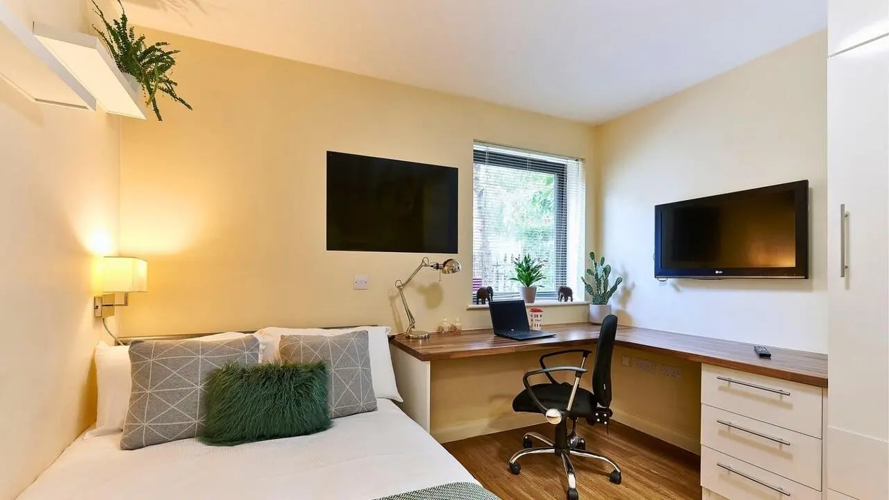 Bed desk TVs and plants bedroom study at The Hub in London Student Accommodation