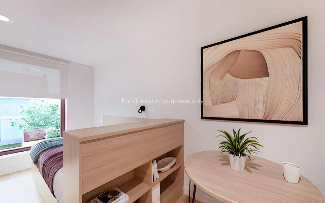 Bed shelves painting table plant bedroom at Straits Mile in Edinburgh Student Accommodation
