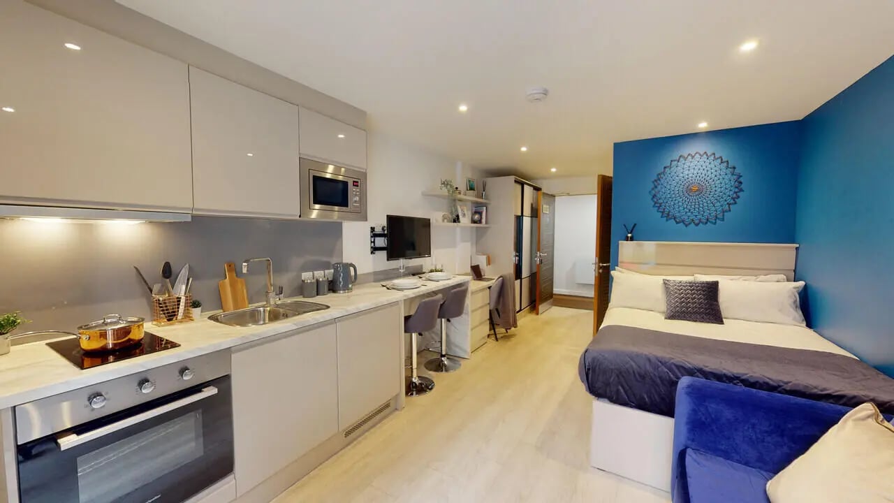 Modern kitchen and bed area studio at 79 Silver Street in Reading Student Accommodation