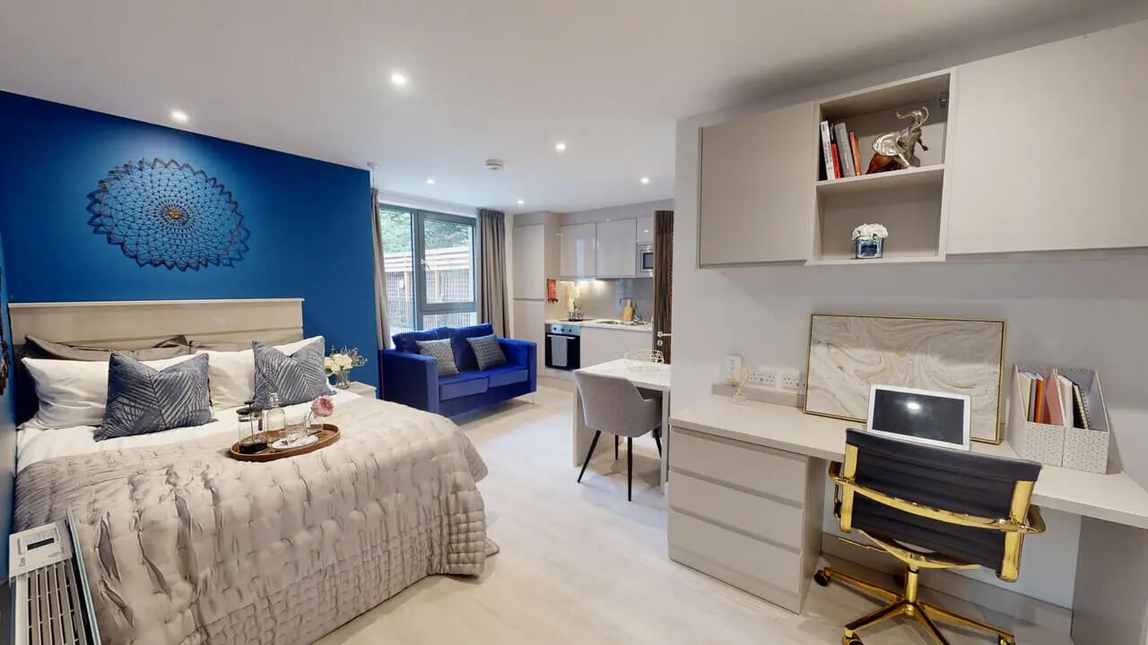 Bed sofa kitchen desk and chair studio apartment at 79 Silver Street in Reading Student Accommodation
