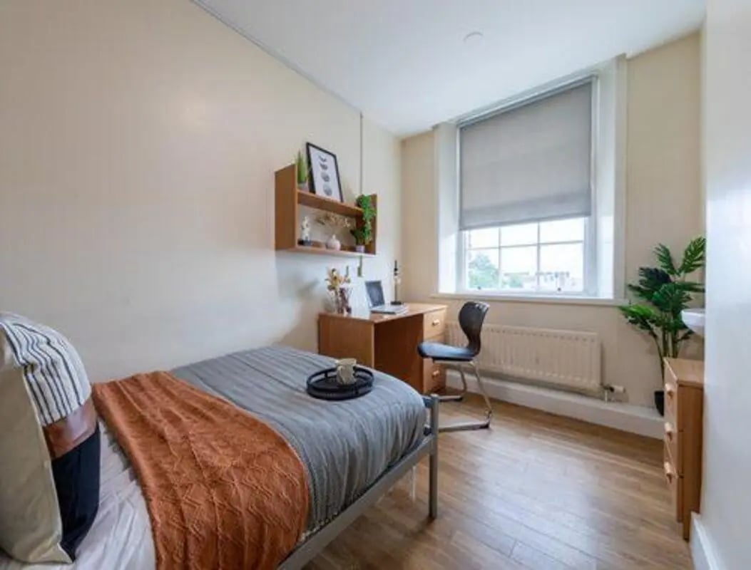 Bed desk chair shelf window and plant bedroom at Garth Heads in Newcastle Upon Tyne Student Accommodation