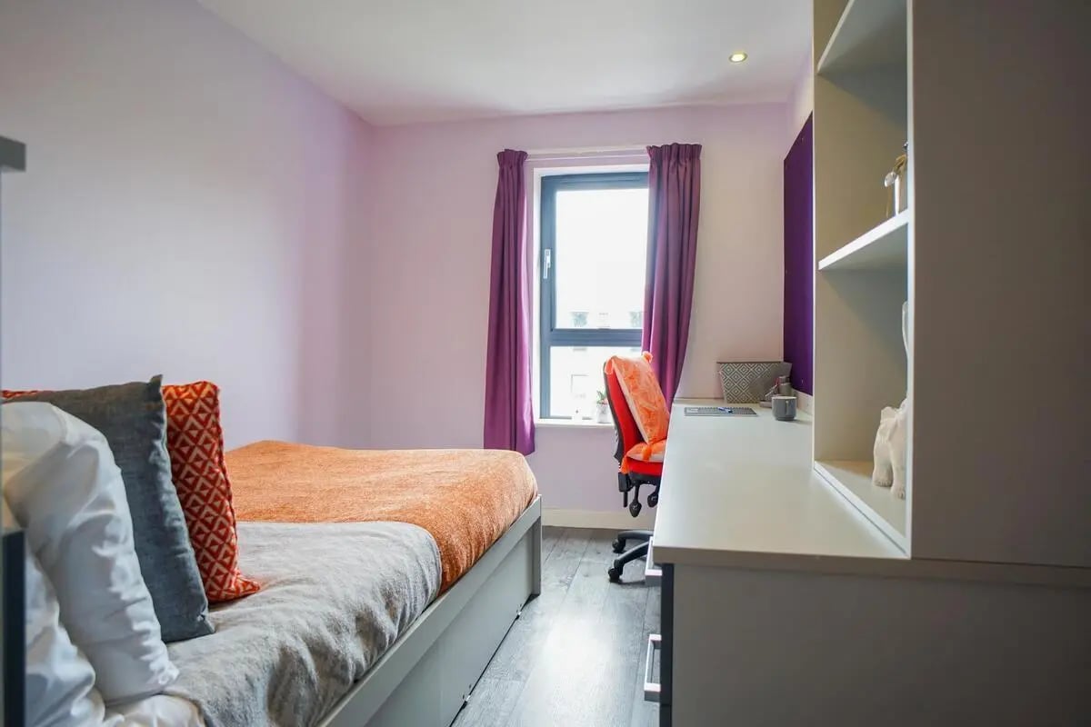 Bed desk chair shelving unit bedroom at Beaverbank Place in Edinburgh Student Accommodation