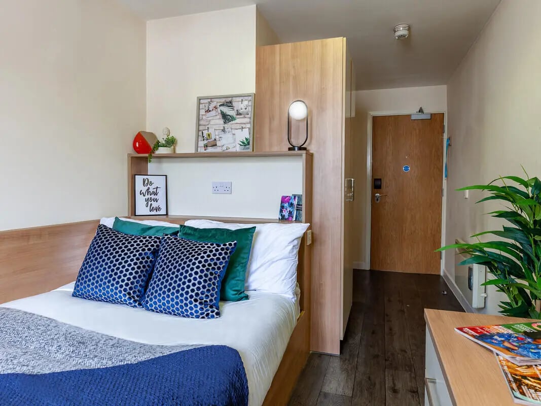 Bed with patterned pillows and shelf Bedroom at Neuadd Kyffin in Bangor Student Accommodation