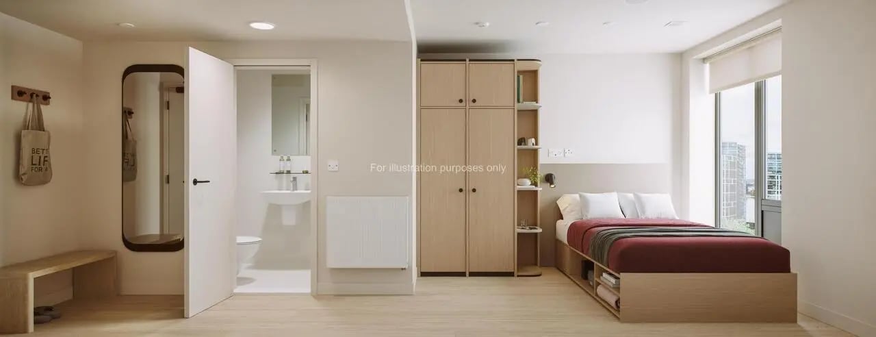 Bed bathroom wardrobe mirror bench bedroom at Press House in London Student Accommodation