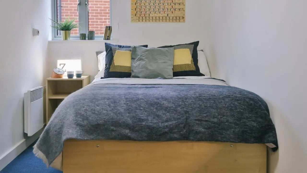 Bed with patterned pillows bedside table lamp bedroom at Pavilion Court in Canterbury Student Accommodation