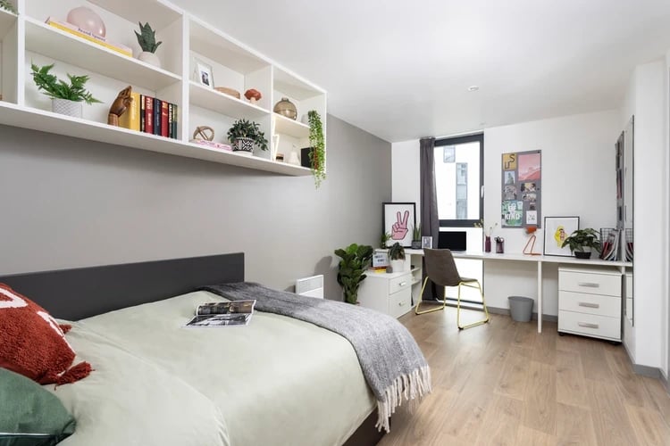 Bed shelves desk and chair bedroom at Parkway Gate in Manchester Student Accommodation