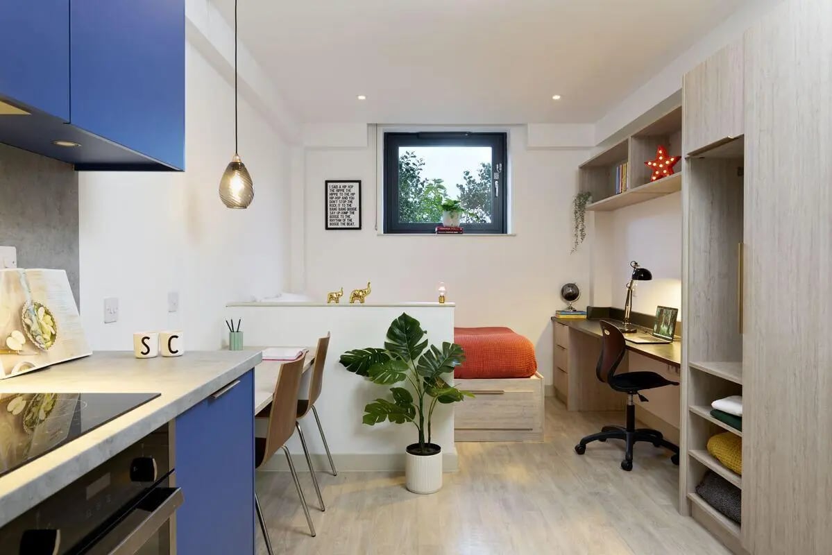 Modern studio apartment with kitchen bed and desk. at Student Castle Reading (New Century Place) in Reading Student Accommodation