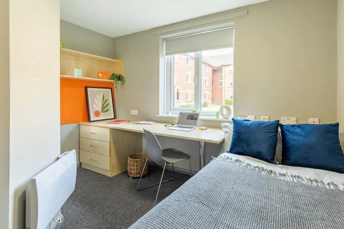 Desk bed pillows and plant study area bedroom at Calthorpe Court in Birmingham Student Accommodation