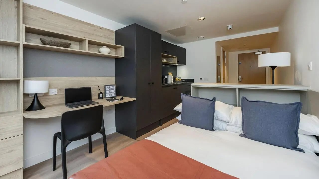 Bed desk kitchen built in storage bedroom at Straits Place in Edinburgh Student Accommodation