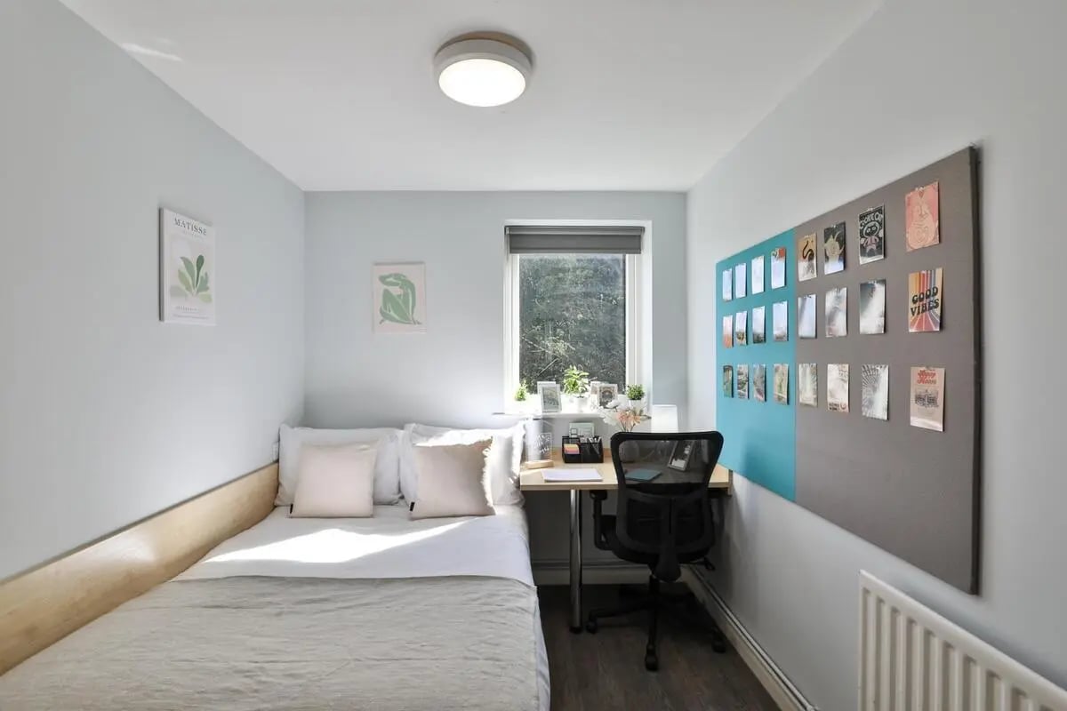 Bed desk chair pinned pictures bedroom at Beech Gardens in Birmingham Student Accommodation