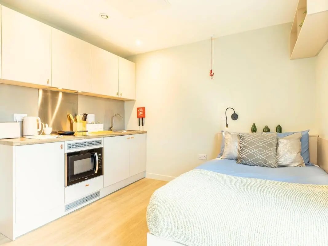 Modern studio kitchen and bed accommodation at Straits Meadows in Edinburgh Student Accommodation