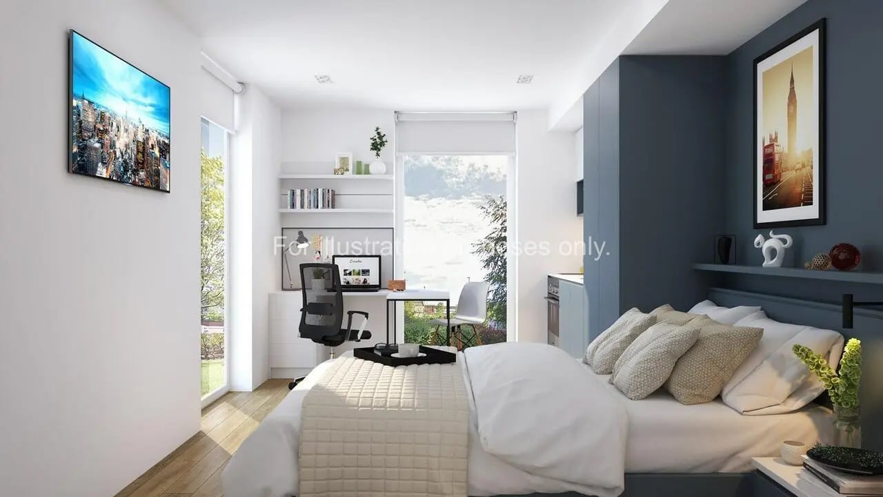 Bed desk chair and TV bedroom study area at Axiom in Stoke-On-Trent Student Accommodation