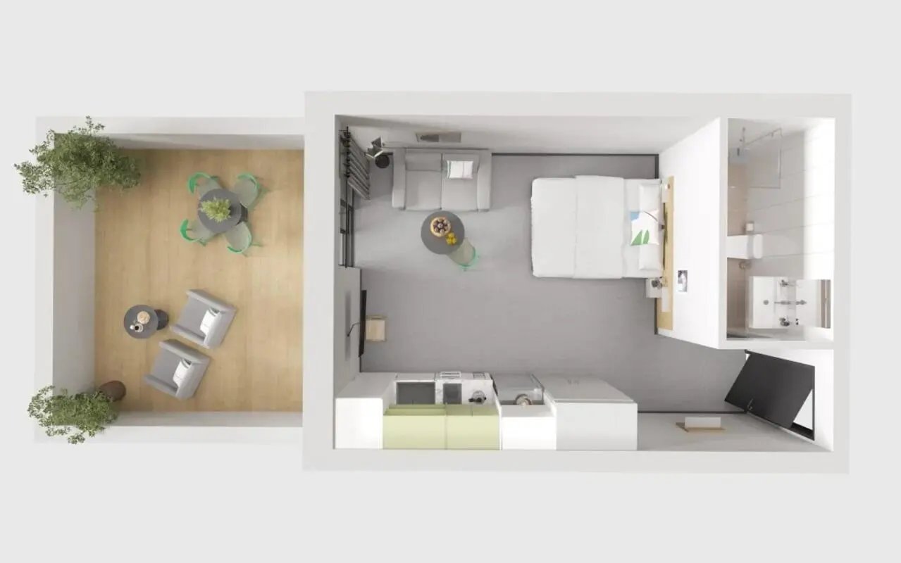 Bed sofa kitchen bathroom living room exterior at UKO Paddington Village in Sydney Student Accommodation