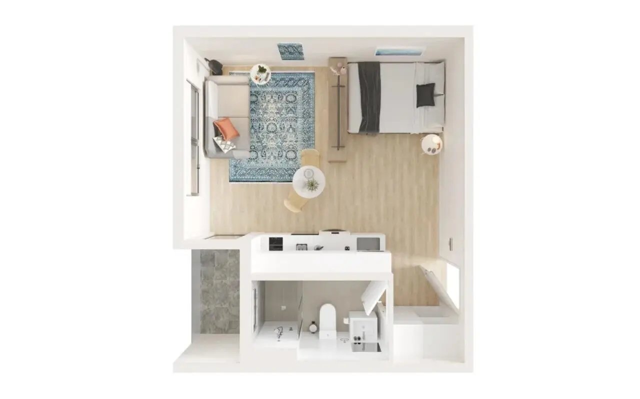 Studio apartment with living area bed kitchen bathroom at UKO Annandale in Sydney Student Accommodation