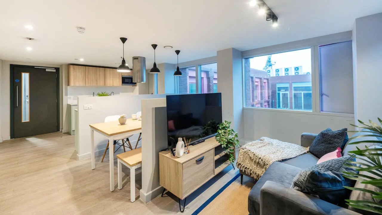 Modern living room with TV sofa and kitchen living room at Wick Park in London Student Accommodation