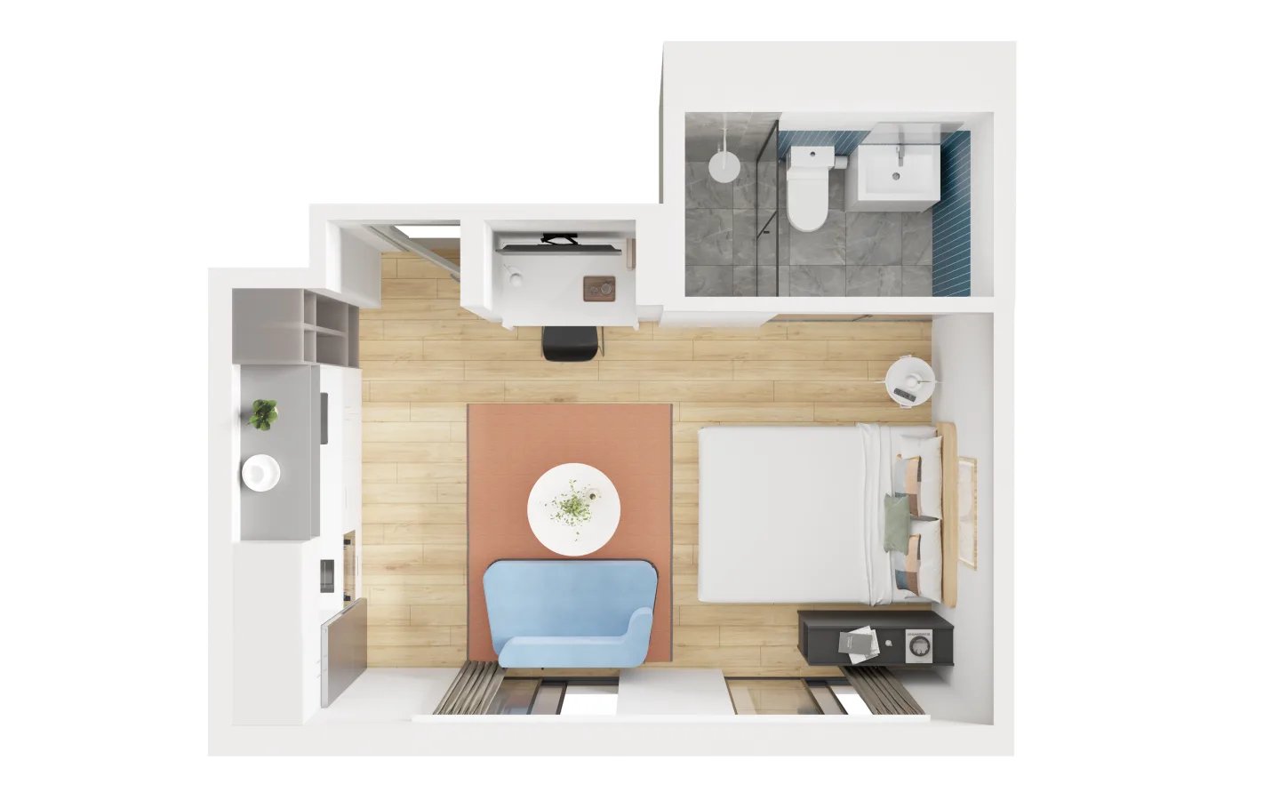 Bed sofa table kitchen desk bathroom bedroom at UKO Melbourne Central in Melbourne Student Accommodation