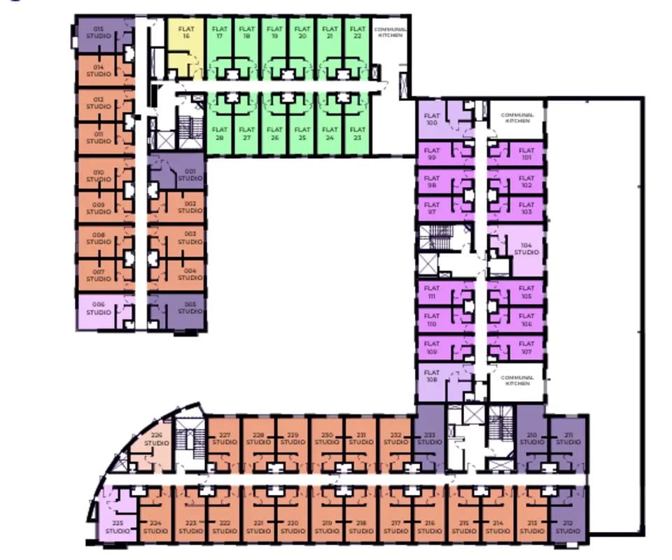 Floor plan with studios communal kitchens and hallways Floor plan at Hope Street in Liverpool Student Accommodation