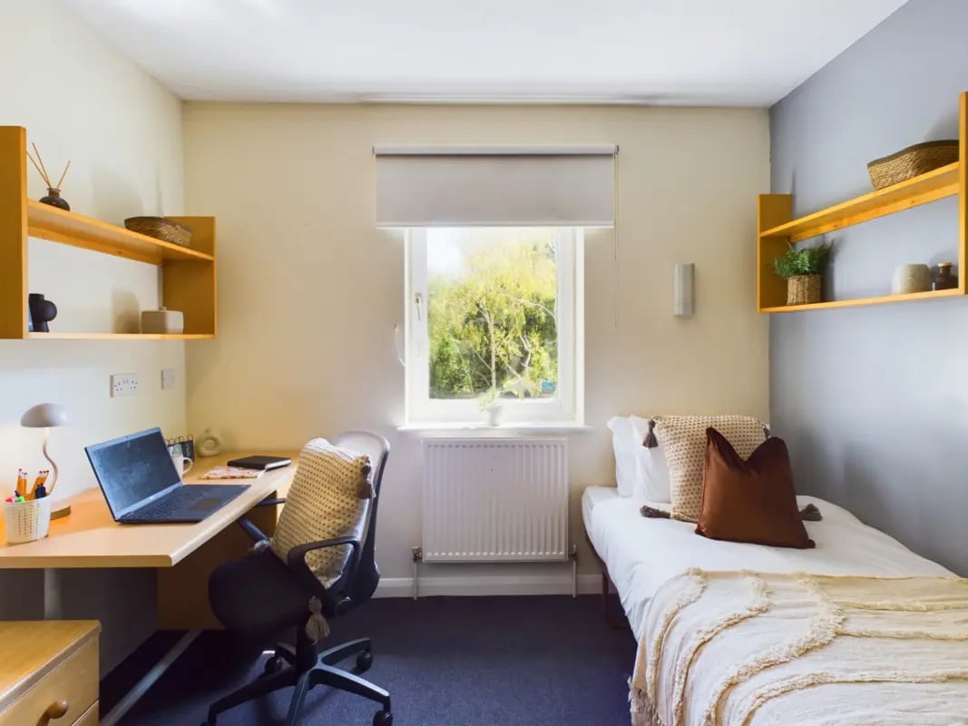 Desk bed lamp laptop shelves and window Bedroom at Moulsecoomb Place in Brighton Student Accommodation