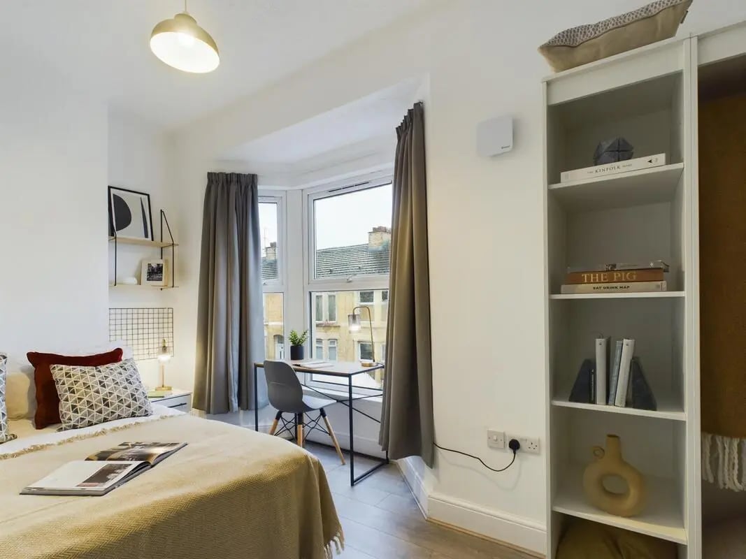 Bed desk shelves and window bedroom at 4 Bedroom House at 102, Leopold Road in Liverpool Student Accommodation
