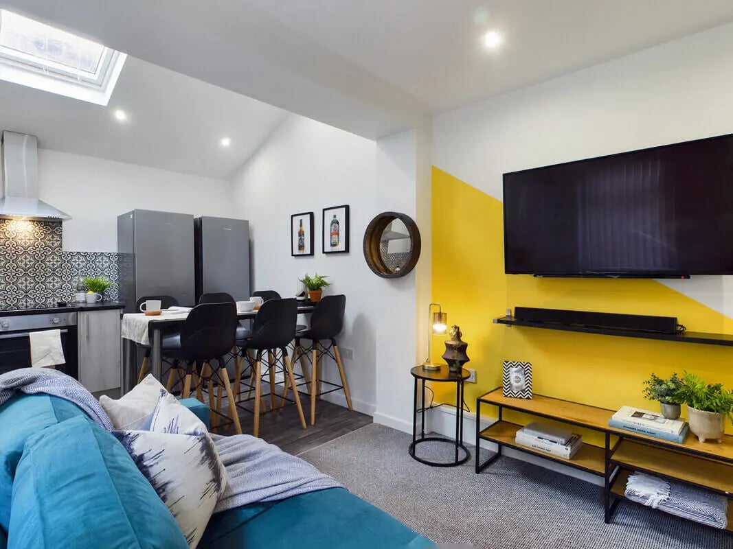 Modern living area with kitchen dining and living room at 6 Bedroom House at 154, Empress Road in Liverpool Student Accommodation