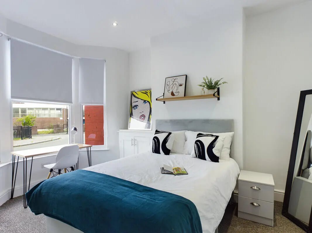 Bed desk chair window pop art bedroom at 9 Bedroom House at 76, Burleigh Street in Manchester Student Accommodation