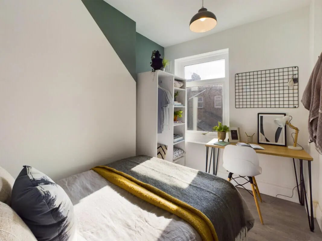 Bed desk wardrobe and shelves bedroom at 6 Bedroom House at 6, Milking Stile Lane in Lancaster Student Accommodation