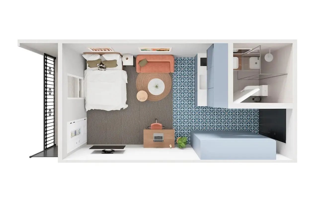 Bed sofa kitchenette bathroom living room exterior at UKO Redfern in Sydney Student Accommodation