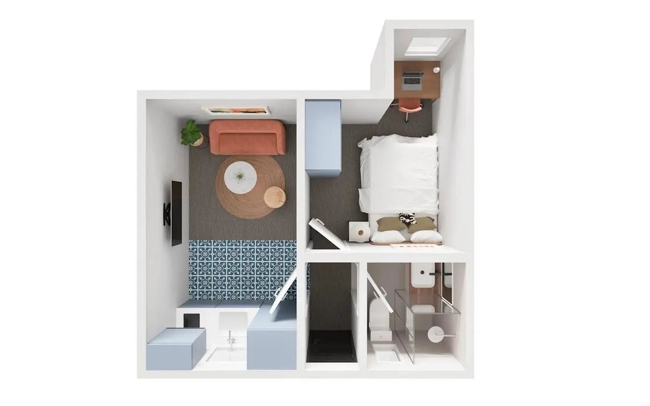 Living area bed study and bathroom layout at UKO Redfern in Sydney Student Accommodation