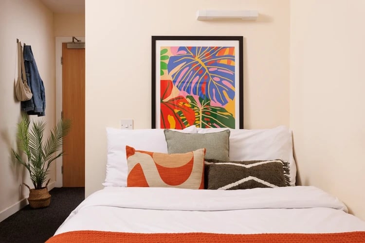 Bed with colorful art plant and jacket Bedroom at Byron Central in Newcastle Upon Tyne Student Accommodation