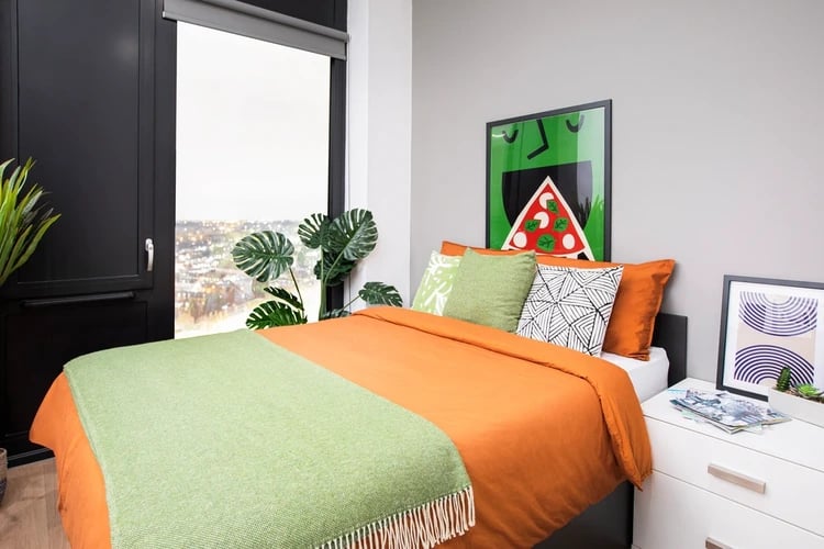 Bed with orange duvet, plants, and framed art bedroom at Battery Park in Birmingham Student Accommodation