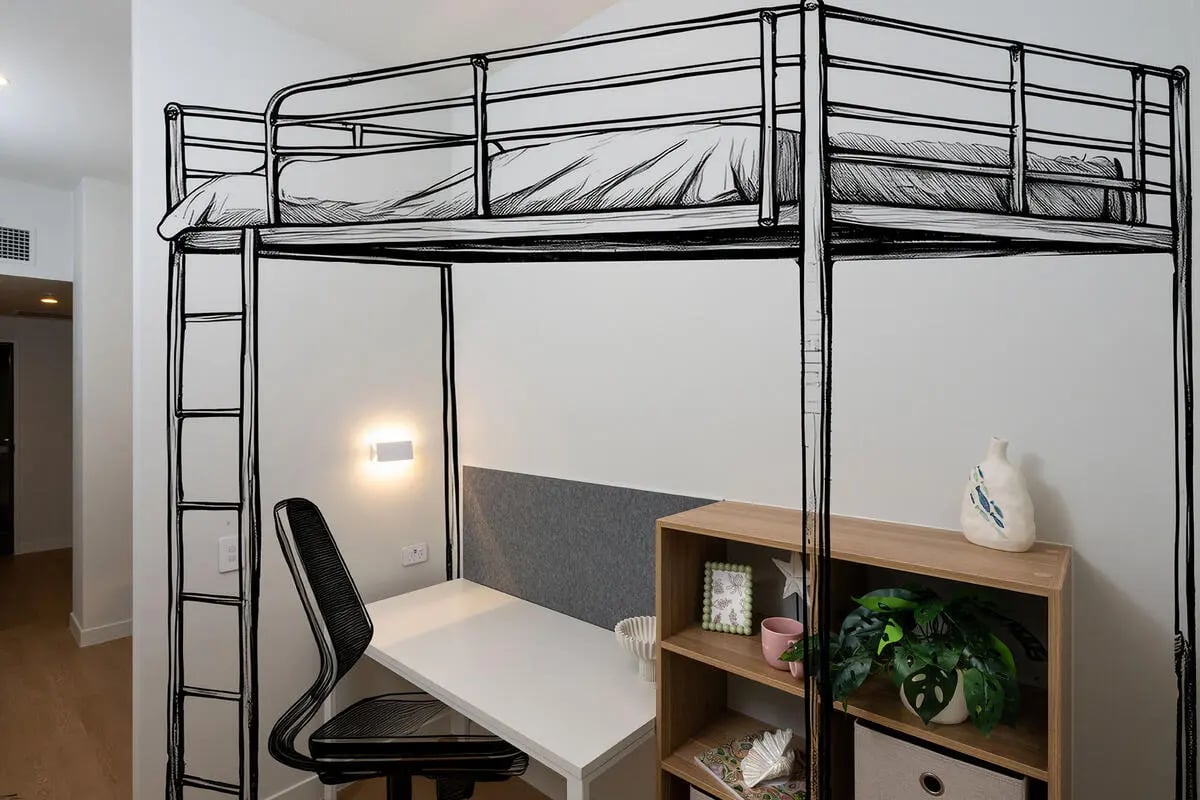 Loft bed desk chair and shelf bedroom at UniLodge Brisbane City in Charleston Student Accommodation