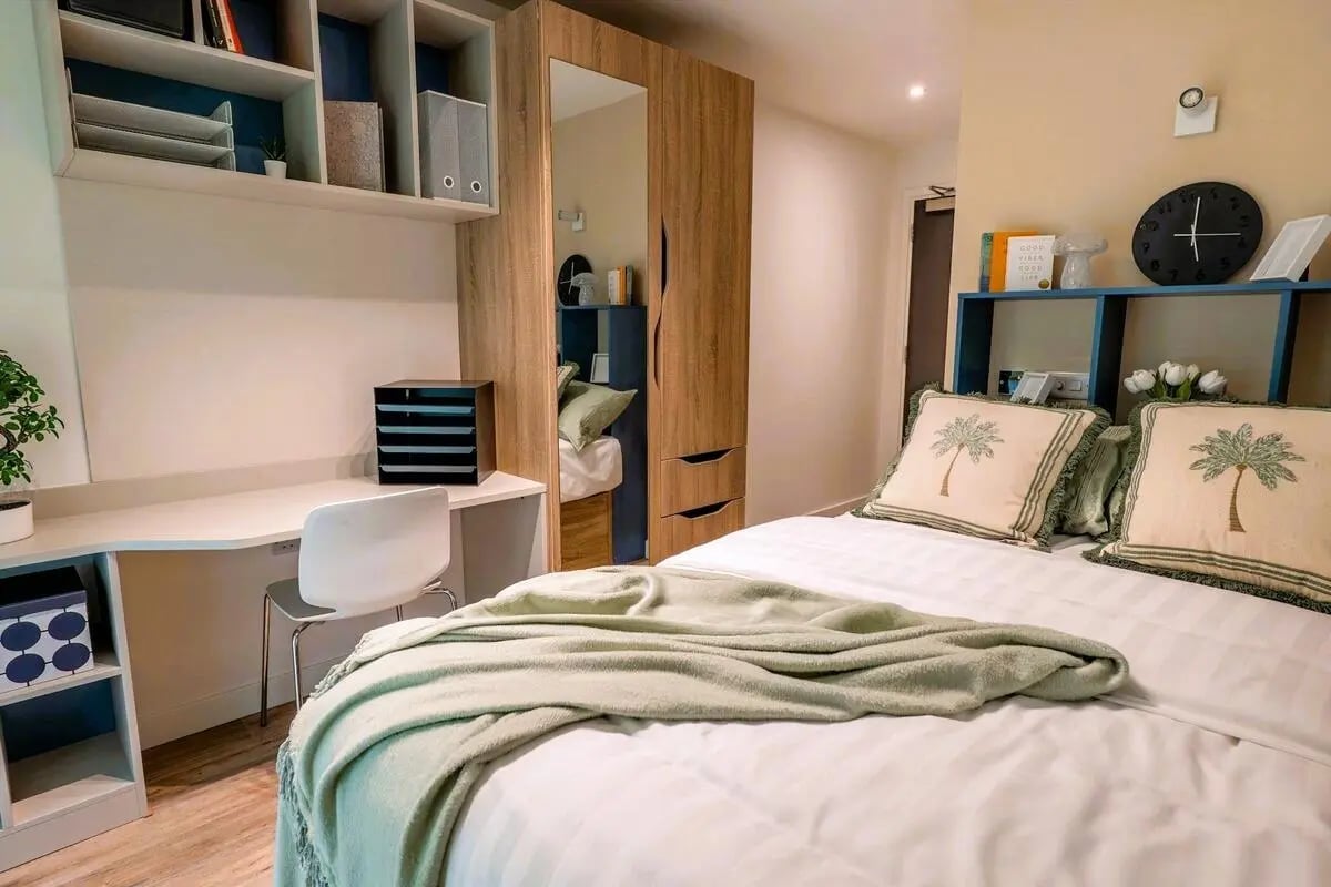 Bed desk wardrobe with mirror bedroom at The Artisan in Dublin Student Accommodation