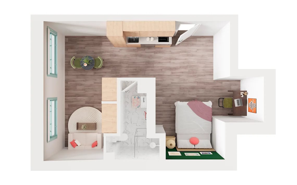 Studio apartment with bed desk kitchen and living room. at UKO Potts Point in Sydney Student Accommodation