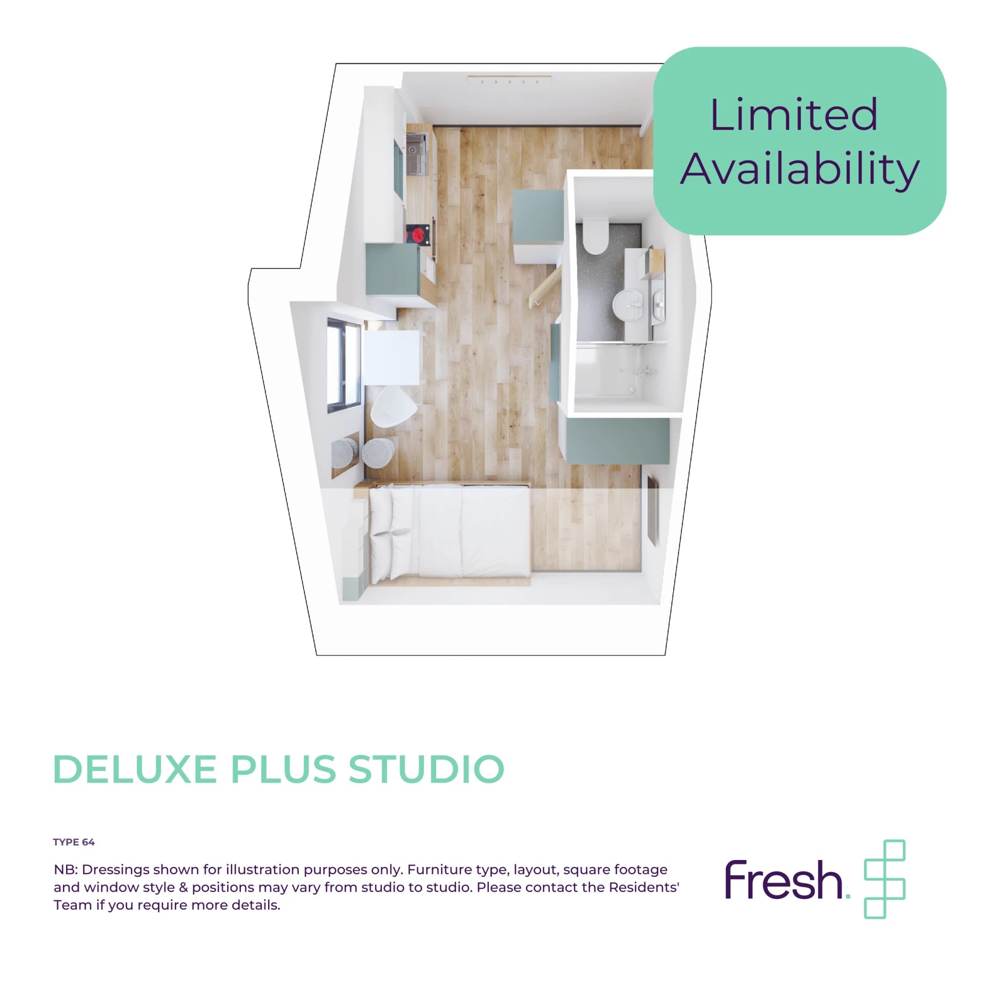 Studio layout bed kitchen bathroom study area living room at The Gorge in Exeter Student Accommodation