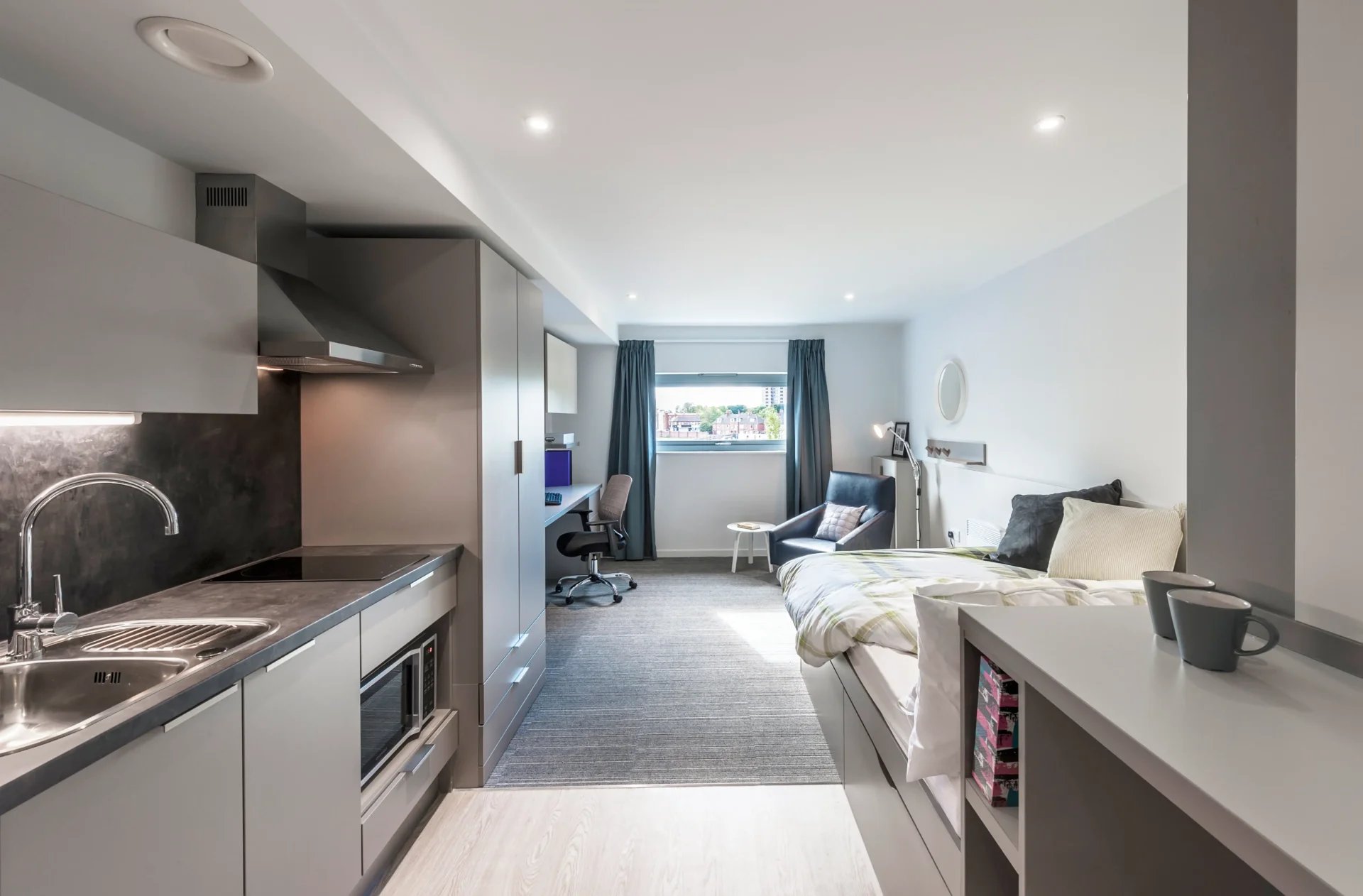 Kitchen desk bed chair student studio apartment at Verde in Newcastle Upon Tyne Student Accommodation