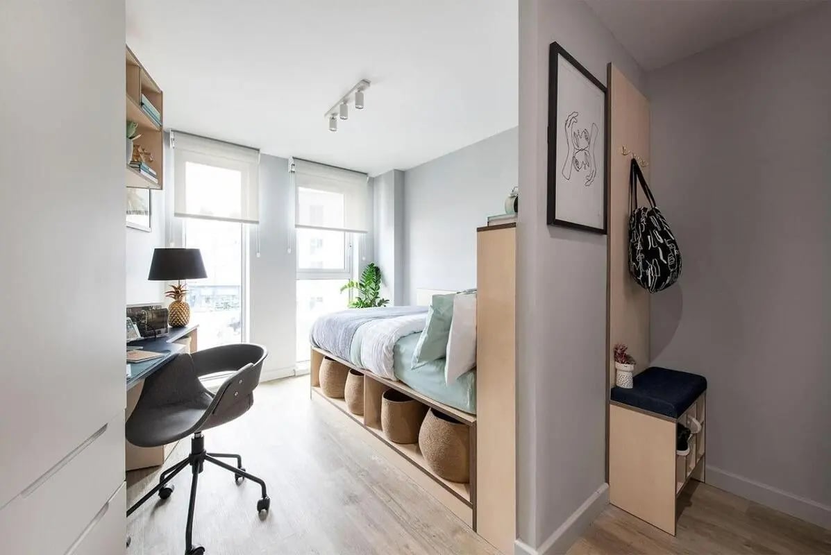 Bed desk chair storage baskets framed art Bedroom at Silk Mill Edinburgh in Edinburgh Student Accommodation