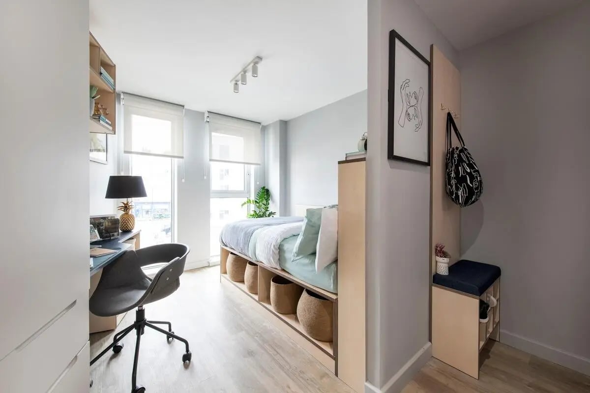 Bed desk chair shelves storage baskets bedroom at Silk Mill Edinburgh in Edinburgh Student Accommodation