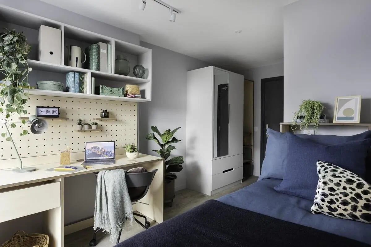 Desk shelving wardrobe bed and plants bedroom at Bridle Works Glasgow in Glasgow Student Accommodation