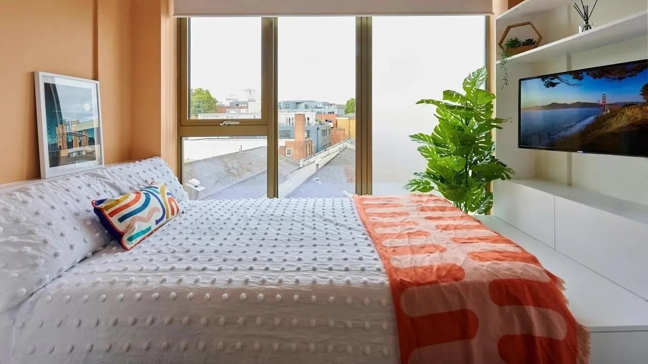 Bed with patterned throw art plant television bedroom at View Studios in London Student Accommodation