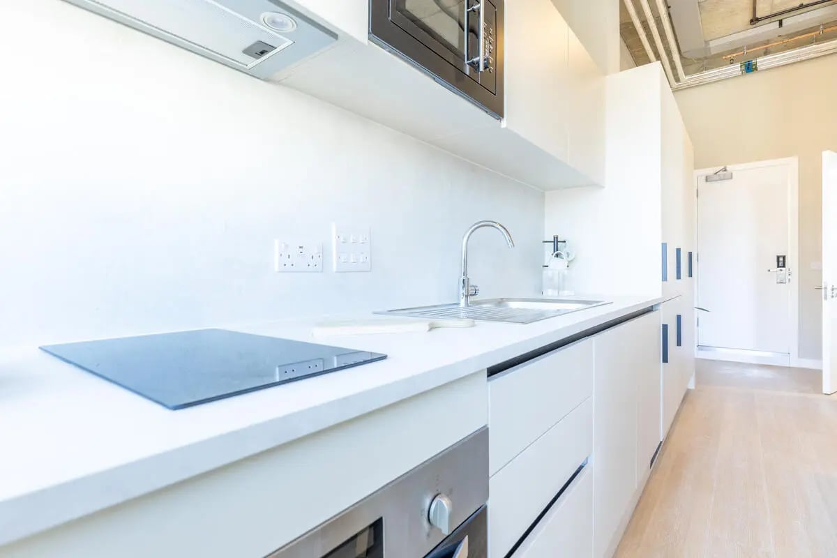 Countertop sink hob oven cabinets kitchen at Fitz and Knox in Cardiff Student Accommodation