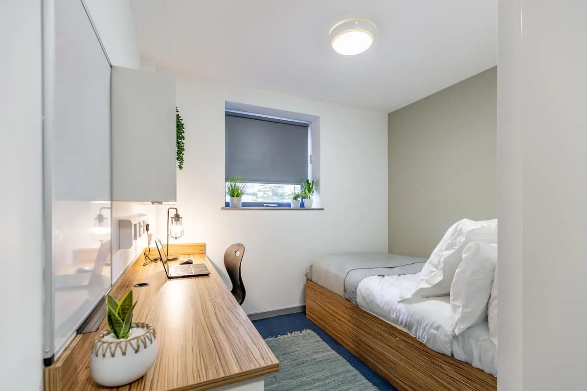 Bed desk chair plants and window Bedroom at Turner Court in Newcastle Upon Tyne Student Accommodation