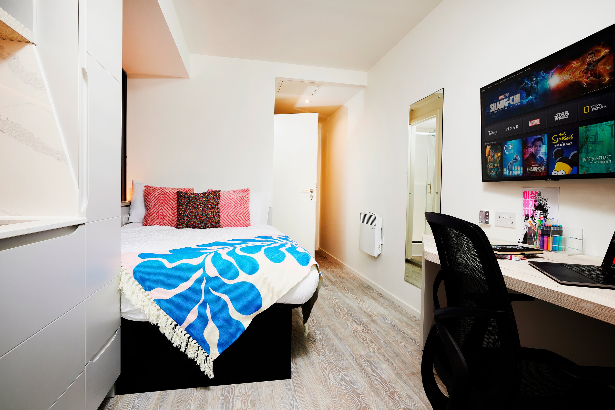 Bed desk TV and chair bedroom at Vita Student Gough Street in Birmingham Student Accommodation
